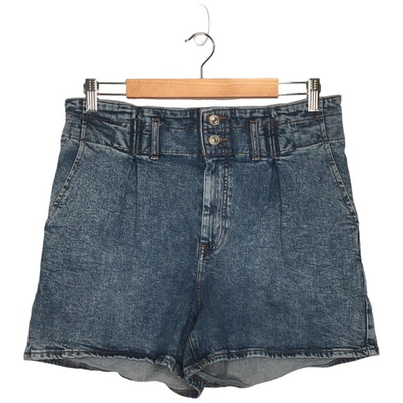 Express Midi Super High Rise Pleated Stonewash Y2K 90s Denim Shorts Mom Blue 12R - Picture 1 of 10